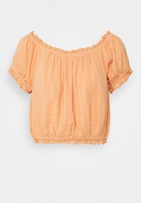 Blusa pescozza pesca con maniche a sbuffo corte, tessuto texturizzato, scollatura a volant e bordo in pizzo alle maniche e all'orlo.
