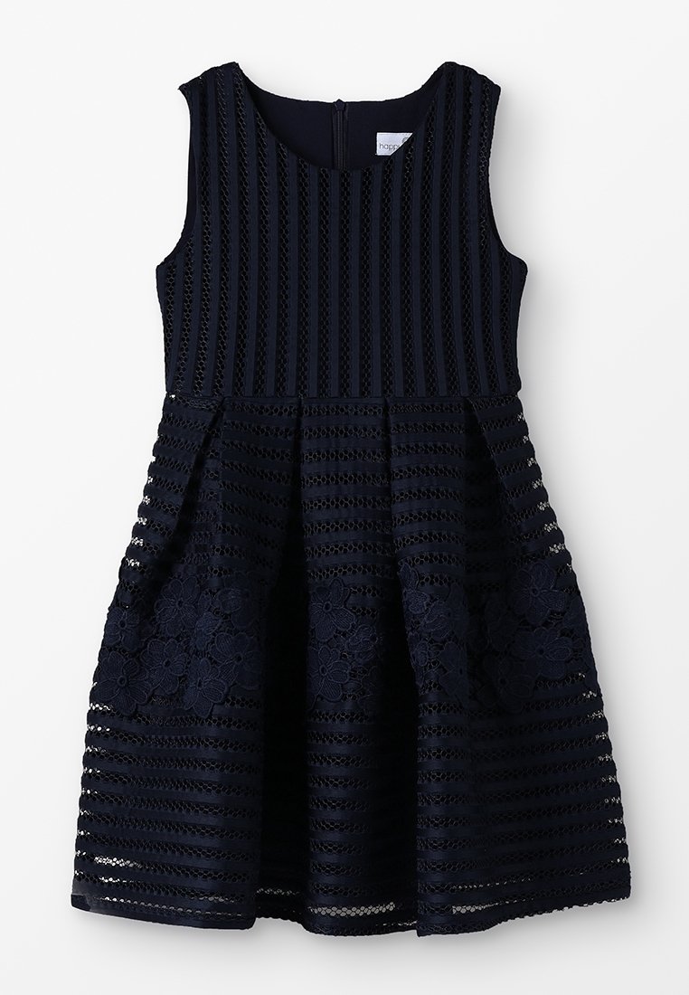 Läsk蓝色连衣裙,合身的上身,带有纹理条纹图案和裙子上的花卉蕾丝装饰。后面有拉链闭合。