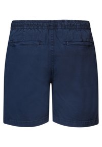 Marineblauwe shorts van lichtgewicht stof met een elastische tailleband, voorzien van twee achterzakken en een gestikte zoom voor duurzaamheid.