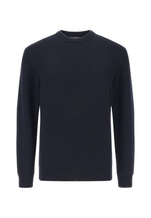Navy blue ribbed sweater with long sleeves, crew neck, and textured fabric. Features a straight hem and minimalistic design.