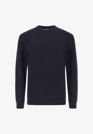 Tume sinine ribiga kootud sviiter pikkade varrukatega, ümmarguse kaelusega ja tekstuuriga kangast. Omab sirget äärt ja minimalistikku disaini.
