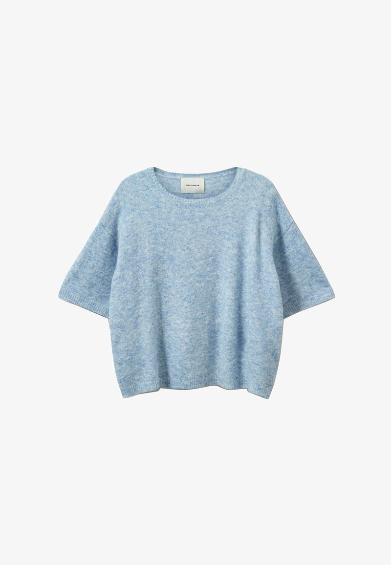 Pull à manches courtes bleu clair en matière tricotée douce. Présente un col rond et une coupe décontractée avec ourlet et manches côtelés.
