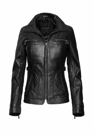 Zwarte leren jas met een puntige kraag, een ritssluitingen aan de voorkant, twee met rits gesloten borstzakken en twee zijzakken. Glad textuur en op maat gemaakte pasvorm.