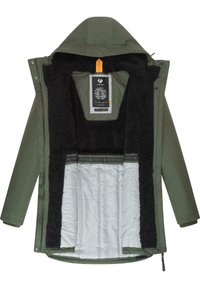 Green outer jacket with a soft black fleece lining, featuring a quilted silver interior, a hood, and multiple hardware accents.