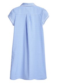 Blaues Gingham-Kleid mit Kragen und kurzen Ärmeln. Verfügt über einen Rückenfalte für zusätzlichen Volumen und einen geschwungenen Saum.
