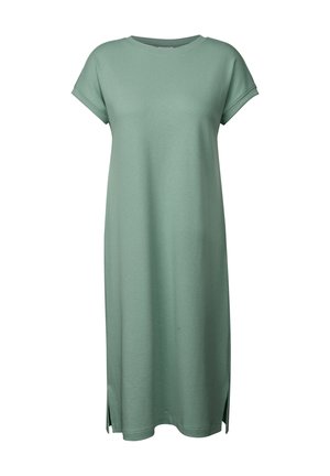 Kortærmet grøn kjole i struktureret stof, knælang med sideåbninger, rund halsudskæring og afslappet pasform.