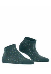 Chaussettes de cheville vert foncé avec un motif de points colorés en rose, jaune et vert. Fabriquées en matériau doux et extensible avec un poignet côtelé.