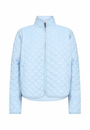 Svetlomodrá prešívaná bunda s vysokým golierom, zapínaním na zips a elastickými manžetami. Má diamantový vzor a skrátený spodný lem.