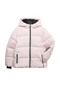 Chaqueta acolchada en rosa suave con una capucha acogedora. Cuenta con bolsillos con cremallera y detalles en cremallera negra, con un patrón acolchado para aislamiento.