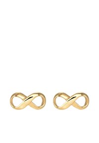 Guldfarvede metal infinity-formede stud øreringe med glatte, polerede overflader og afrundede kanter.