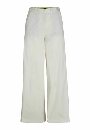 Platų kojų kelnės off-white spalvos, pagamintos iš minkšto medvilnės. Yra aukštas juosmuo ir švarus priekinis dizainas be matomų kišenių.