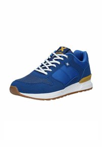 Scarpe da ginnastica blu in materiale mesh e sintetico, con lacci bianchi, accentate da oro sul tallone e suola in gomma testurizzata per una migliore aderenza.