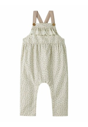 Krém színű baba nadrág kis virágmintával, bézs keresztezett vállpántokkal, fa gombokkal és fodros mellrész díszítéssel.