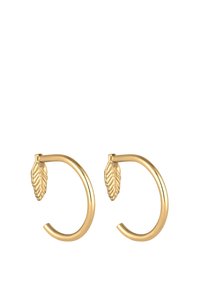 Goldfarbene Creolen mit einem glatten, geschwungenen Design und einem Blätterakzent auf jeder. Die Ohrringe haben eine polierte Oberfläche und eine offene Schlaufenstruktur.