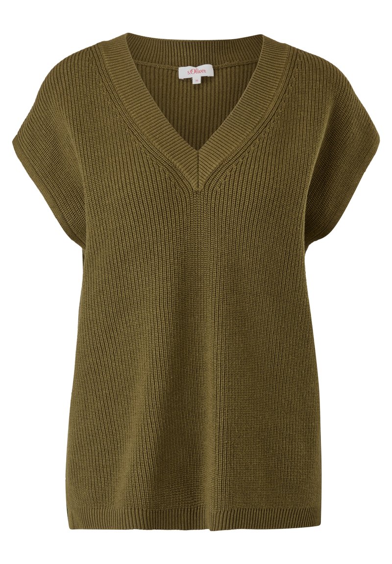 Olivgrüner Strickpullover mit V-Ausschnitt, kurzen Ärmeln und strukturiertem Rippenmuster. Verfügt über einen leicht lockeren Schnitt und Saumdetails.