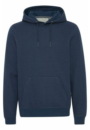 Dunkelblaues Kapuzensweatshirt aus strukturierter Baumwolle, mit einer vorderen Kängurutasche, verstellbarem Kordelzug an der Kapuze sowie gerippten Bündchen und Saum.