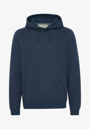Navy blue hooded sweatshirt with a textured fabric, front kangaroo pocket, drawstring hood, and ribbed cuffs and hem.