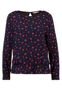 Blusa a maniche lunghe blu navy, con motivi floreali rossi, scollatura a chiave e orlo peplum. Realizzata in tessuto leggero e testurizzato.
