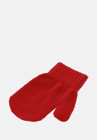 Rød strikket handske med ribbet manchet, designet til at holde hænderne varme og beskyttede, vist mod en hvid baggrund.
