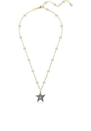 Gold chain necklace with evenly spaced silver beads and a star-shaped pendant adorned with small black and white stones.