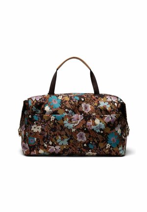 Sac de voyage floral en brun avec des fleurs bleues et roses. Matériau synthétique, forme rectangulaire, courtes poignées en brun, poche zip extérieure.