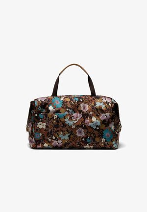 Sac de voyage floral en brun avec des fleurs bleues et roses. Matériau synthétique, forme rectangulaire, courtes poignées en brun, poche zip extérieure.