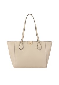 Sac fourre-tout en cuir beige avec des doubles poignées et une fermeture à cliquet en métal doré au centre avant.