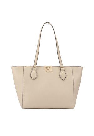 Beige leren schoudertas met dubbele schouderriemen en vergulde draaiklep-sluiting in het midden voor.