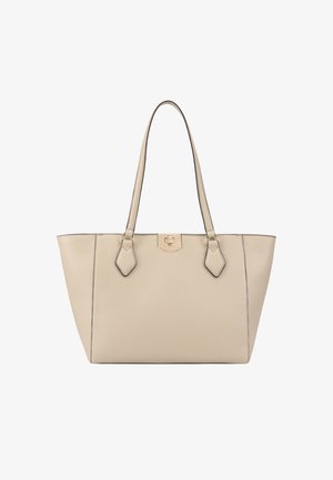 Beige leather tote bag with double shoulder straps and gold-tone turn-lock clasp closure in the center front.