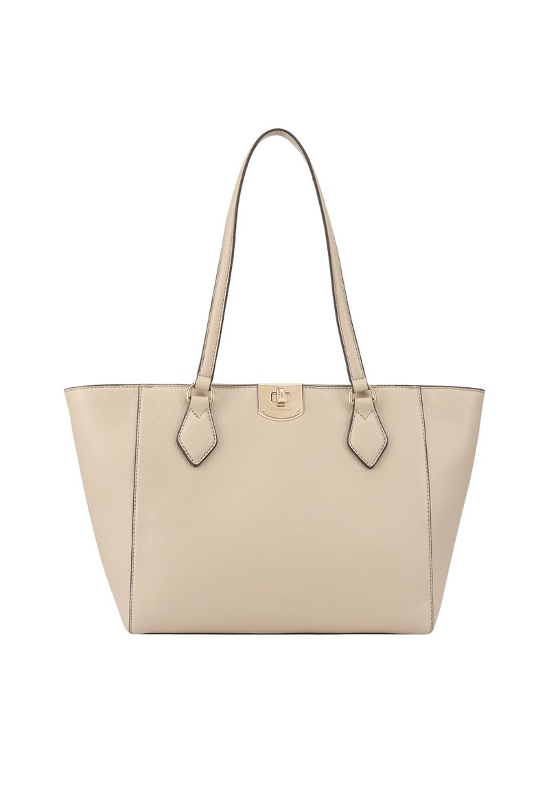 Sac fourre-tout en cuir beige avec des doubles poignées et une fermeture à cliquet en métal doré au centre avant.