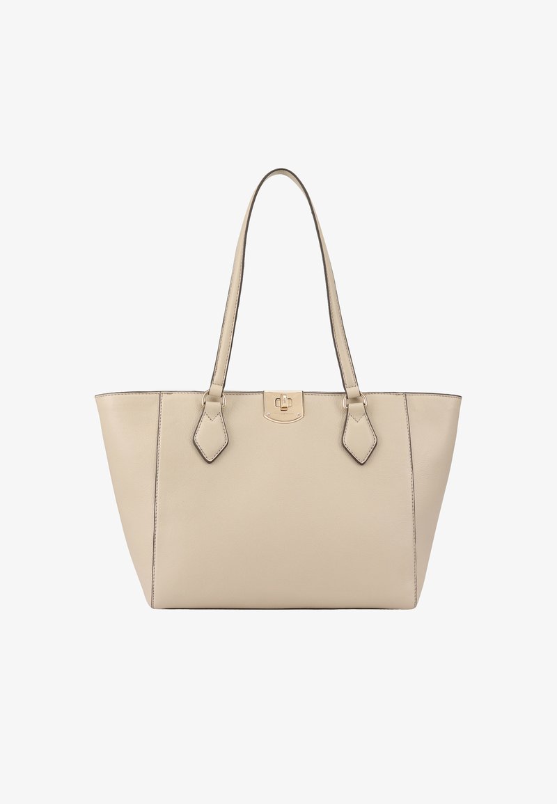 Sac fourre-tout en cuir beige avec des doubles poignées et une fermeture à cliquet en métal doré au centre avant.