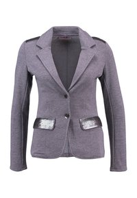Blazer gris con solapa acravada, dos bolsillos frontales con acentos de lentejuelas y un cierre de un solo botón. Fabricado en tejido suave.