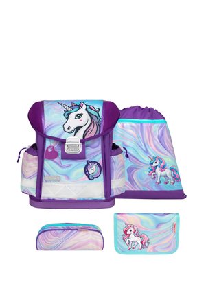 Purple and pastel unicorn-themed school bag set with backpack, drawstring bag, pencil case, and wallet, featuring swirl patterns and cartoon unicorns.