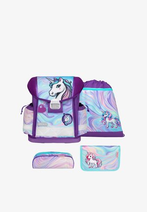 Set di zaini scolastici a tema unicorno viola e pastello con zaino, sacca con coulisse, astuccio e portafoglio, con motivi a vortice e unicorni disegnati in stile cartone animato.