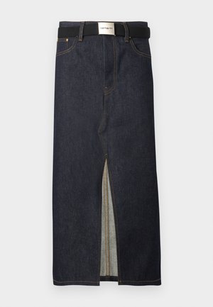 Spódnica midi z denimu w ciemnym niebieskim kolorze z przednim rozcięciem. Charakteryzuje się żółtym przeszyciem oraz czarnym paskiem z srebrną sprzączką. Prosty, klasyczny krój.