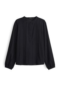 Maglietta nera a maniche lunghe con texture a coste verticali, scollo rotondo e apertura con bottoni. Tessuto morbido con vestibilità leggermente ampia.
