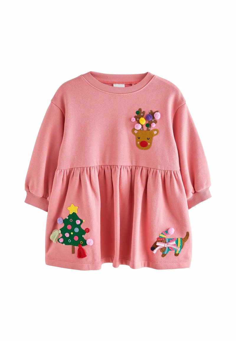 Robe rose à manches longues pour tout-petit avec décorations sur le thème de Noël : tête de renne avec pompons, sapin décoré avec des pampilles, et un chien coloré portant un chapeau.