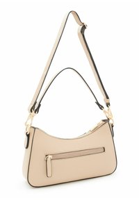 Beige leather shoulder bag with a curved design, black trim, zipper pocket, gold hardware, and a detachable strap.