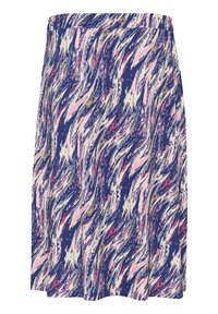 Jupe à motif floral bleu marine, ornée de coups de pinceau ondulés en rose et crème. Fabriquée en tissu léger avec une taille élastique.