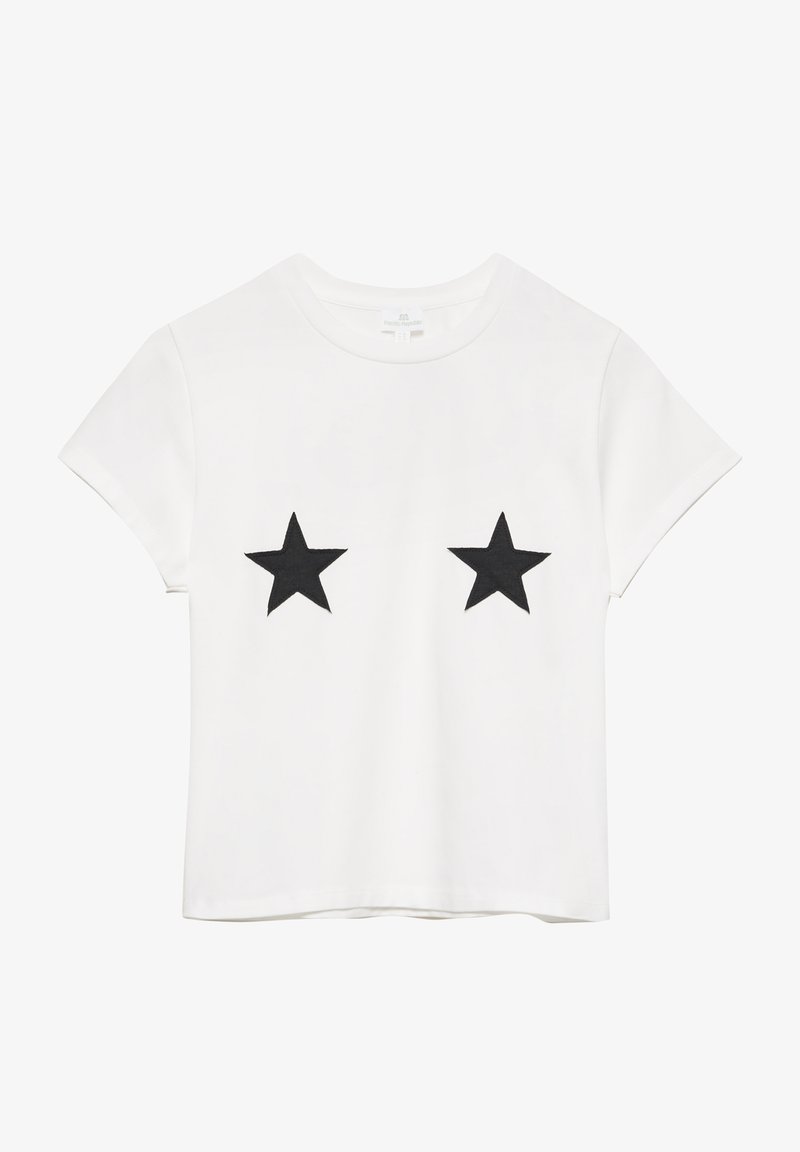 Hvid t-shirt med korte ærmer, som har to sorte stjerne-designs på fronten. Fremstillet af glat stof, afslappet pasform.