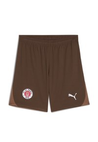 Shorts de sport marron avec une texture douce, présentant un patch logo blanc et un logo Puma blanc sur le bas. Taille élastique pour un bon ajustement.