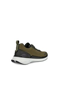 Black and olive green athletic shoe with a textured upper, white midsole, pull tab at the heel, and flexible rubber outsole.