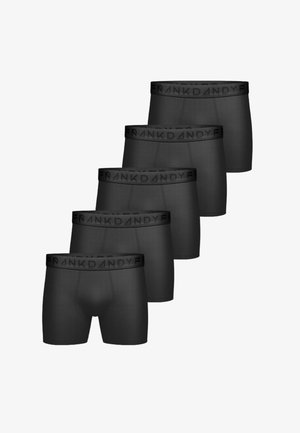 Schwarze Boxer-Briefs mit glatter Textur, ausgestattet mit einem elastischen Bund, der mit "FRANK DANDY" geprägt ist. Fünf Paare sind in einer Reihe angeordnet.
