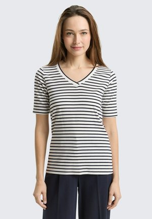 MIT V-AUSSCHNITT - T-shirt print - offwhite/navy blue stripe