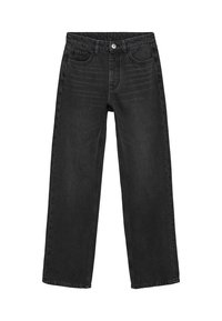 Čierne vysoké nohavice s rovnými nohavicami, vyrobené z denimu s jemným vyblednutím. Obsahujú predné vrecká a zapínanie na gombík.