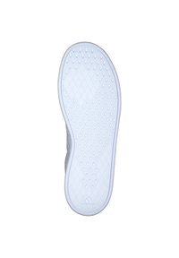 Semelle de basket en caoutchouc blanc avec un motif en diamant texturé et un logo de marque circulaire. Les bords sont arrondis pour un design épuré.
