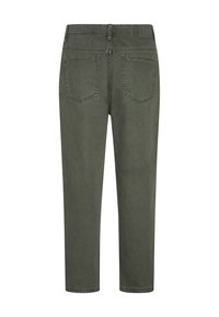 Olive green, cotton blend pants with a straight leg design. Features two back pockets and a waistband label. Smooth texture.