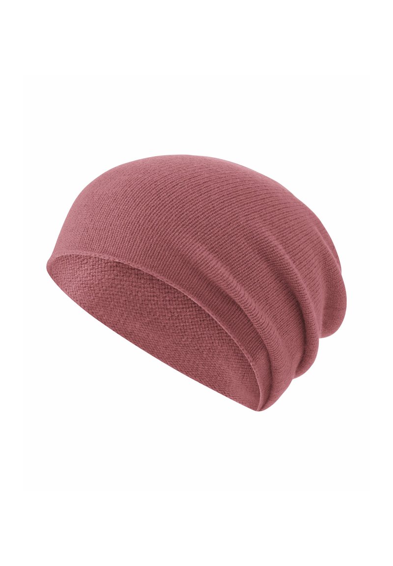 Beanie rosa realizzato in morbido filato testurizzato con un design leggermente morbido e un bordo liscio. Ideale per un abbigliamento informale.