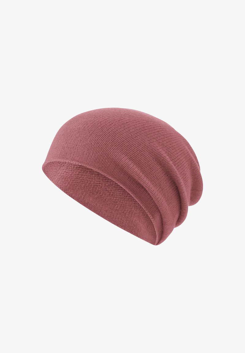 Beanie rosa realizzato in morbido filato testurizzato con un design leggermente morbido e un bordo liscio. Ideale per un abbigliamento informale.