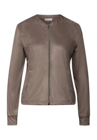 Toppfärgad mocka bomberjacka med långa ärmar, dragkedjestängning framtill, rund krage och sidofickor.